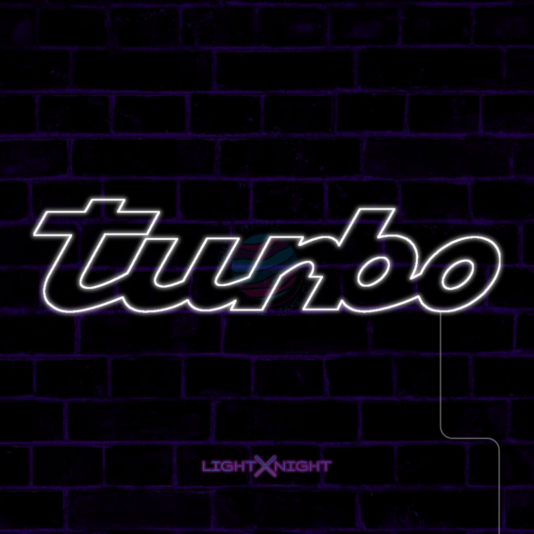 White Porsche Turbo script LED neon sign displayed on a dark brick wall