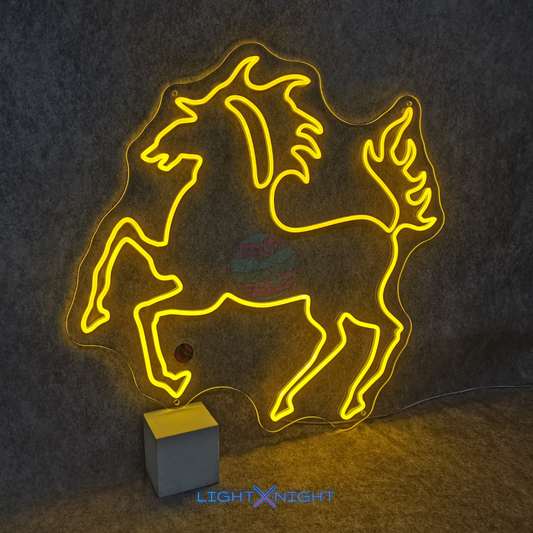 Stuttgart Horse LED neon sign on a dark gray garage wall