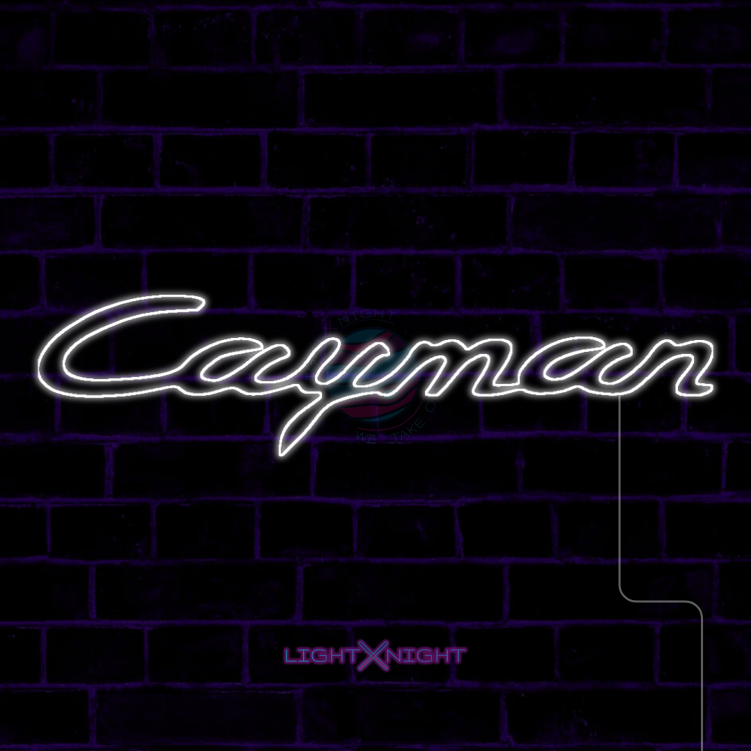 White Porsche Cayman script LED neon sign displayed on a dark brick wall
