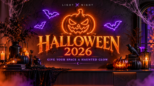 Halloween 2026 cover with an orange neon pumpkin, purple bats and haunted decor by Light X Night