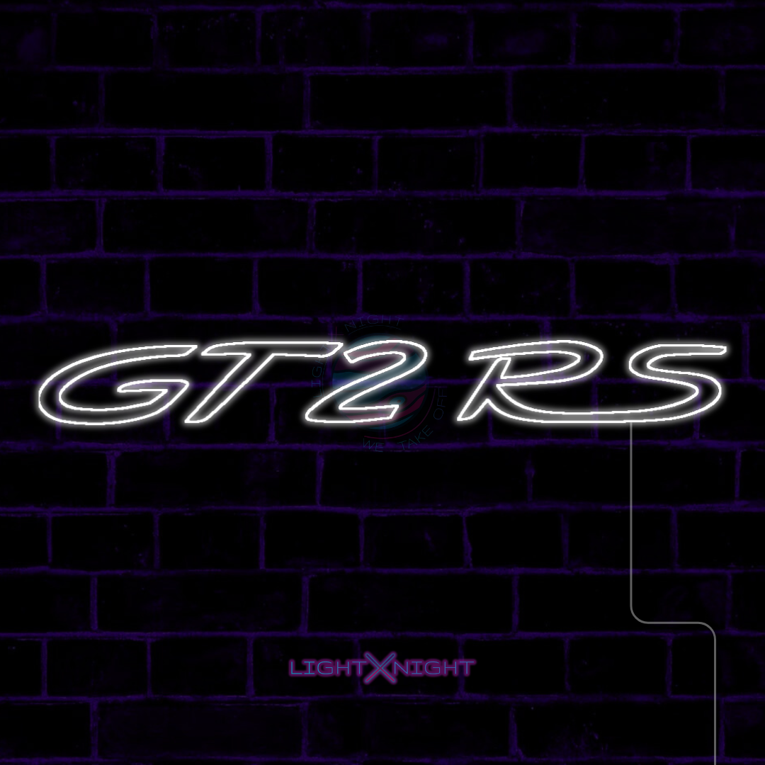 White Porsche GT2 RS lettering LED neon sign displayed on a dark brick wall