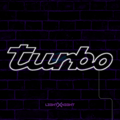 White Porsche Turbo script LED neon sign displayed on a dark brick wall