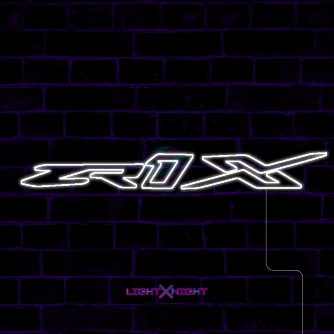 White Chevrolet Corvette ZR1X lettering LED neon sign displayed on a dark brick wall