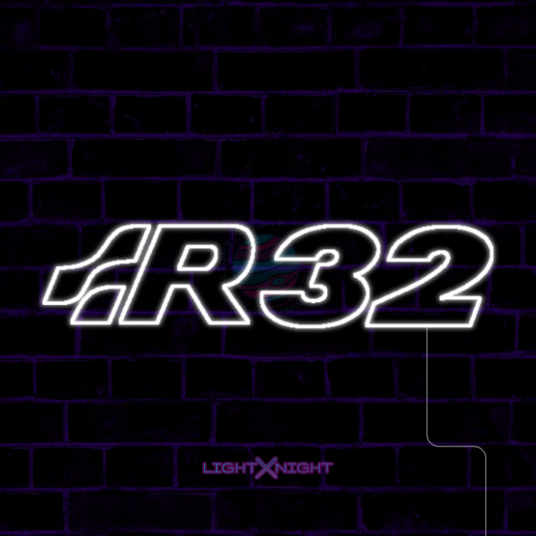 White Volkswagen R32 lettering LED neon sign displayed on a dark brick wall