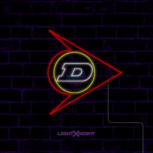 Red, yellow and white Dunlop emblem LED neon sign displayed on a dark brick wall