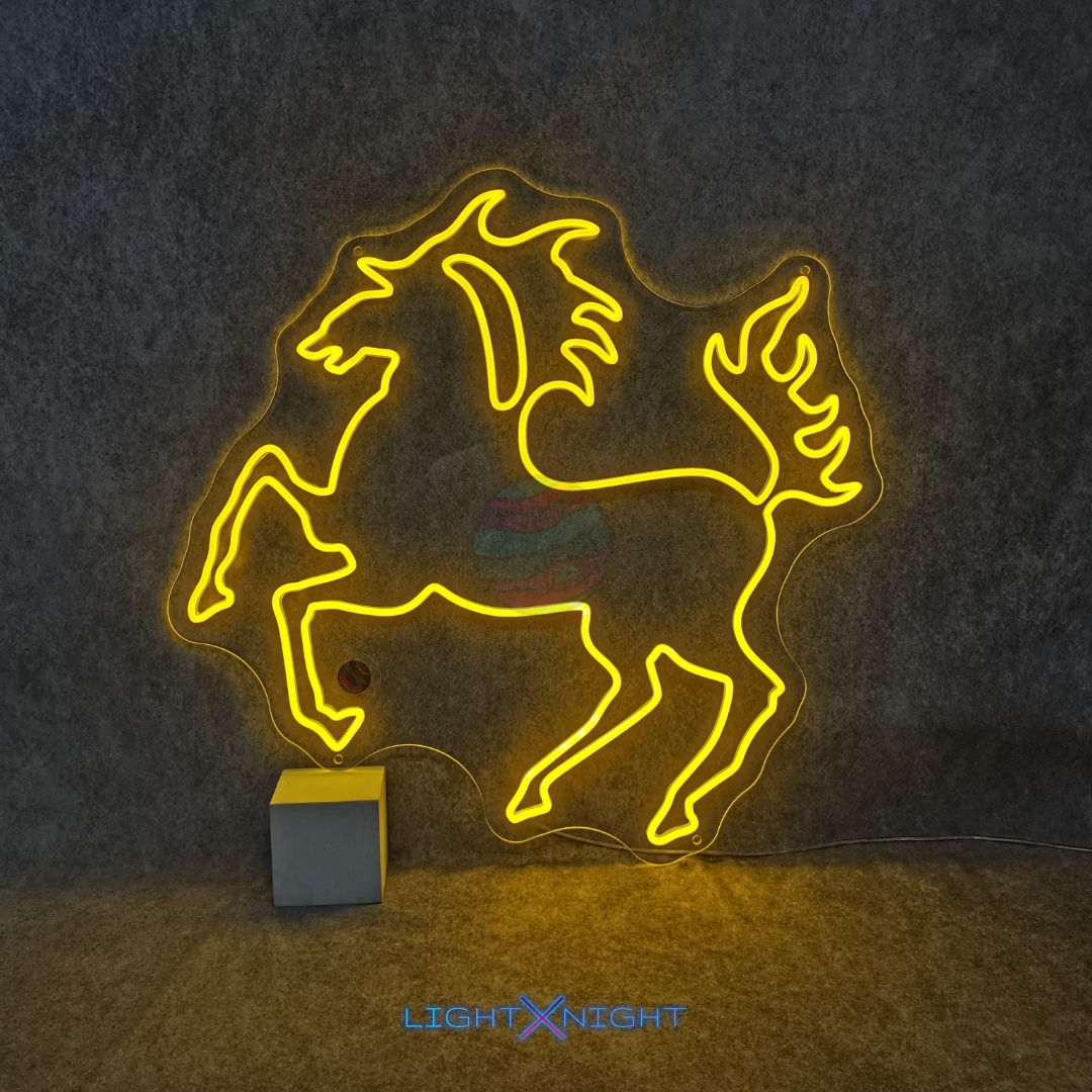 Front view of yellow Stuttgart Horse Neon Sign on clear acrylic