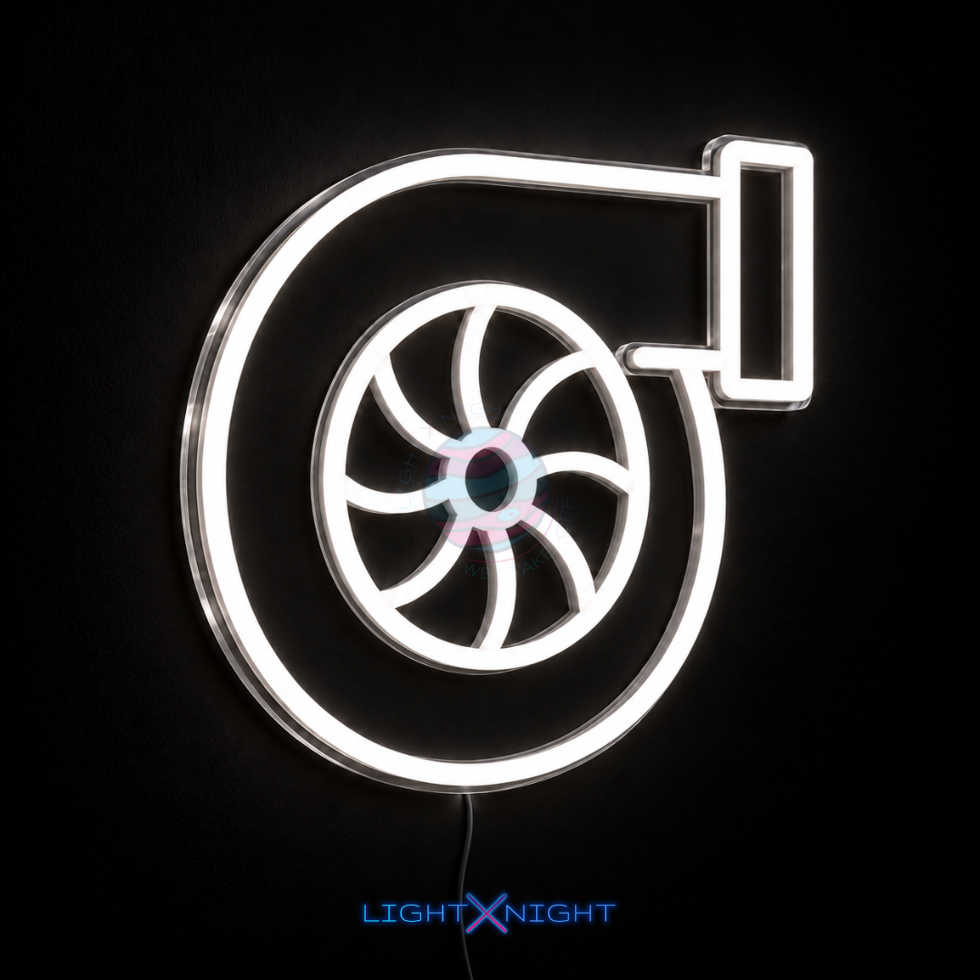 Turbocharger-inspired LED neon sign for car enthusiasts, workshops and garages