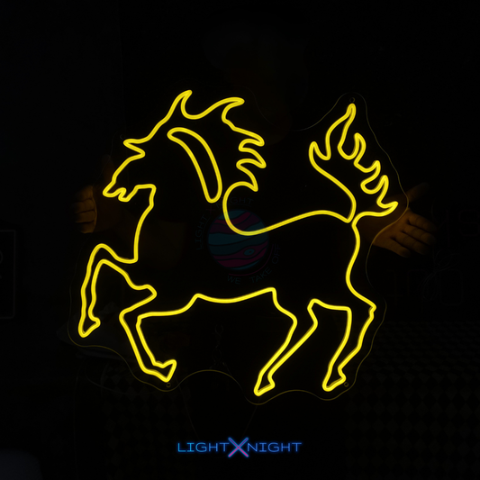 Yellow Stuttgart Horse Neon Sign glowing on a black background