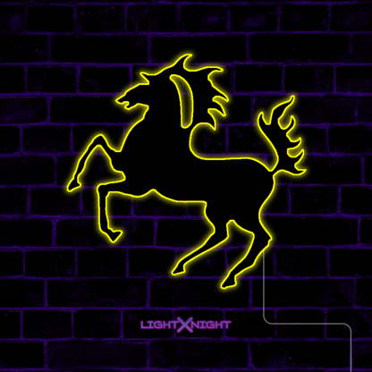 Stuttgart Horse Neon Sign with black backboard on purple brick wall