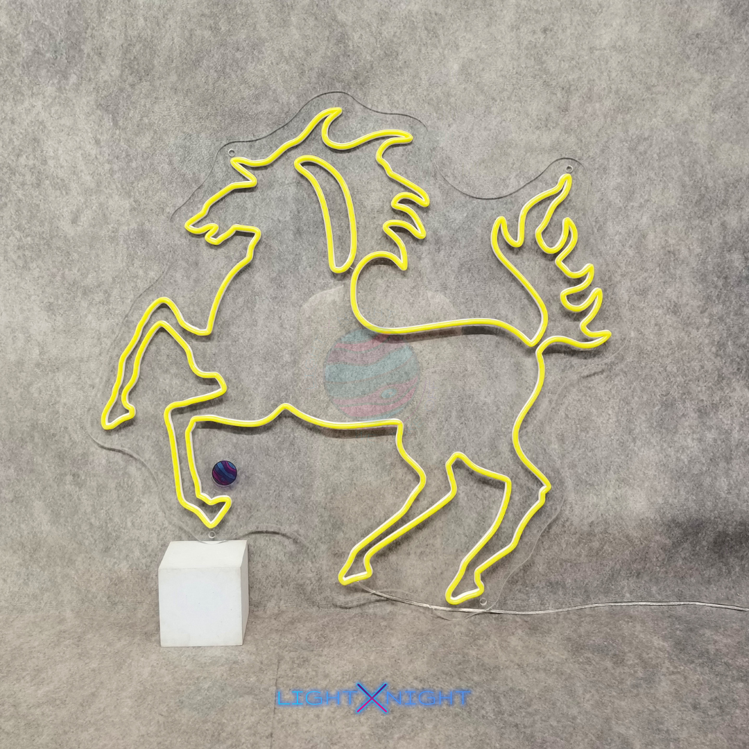 Yellow Stuttgart Horse Neon Sign displayed on a light gray wall