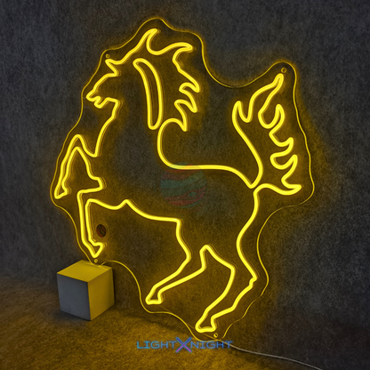 Close-up angle of Stuttgart Horse LED neon sign with yellow glow
