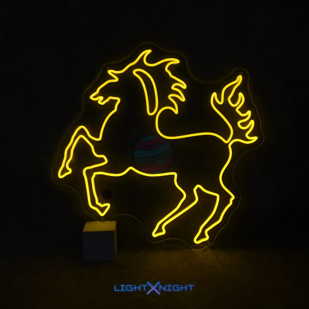 Stuttgart horse neon wall light glowing in a dark room