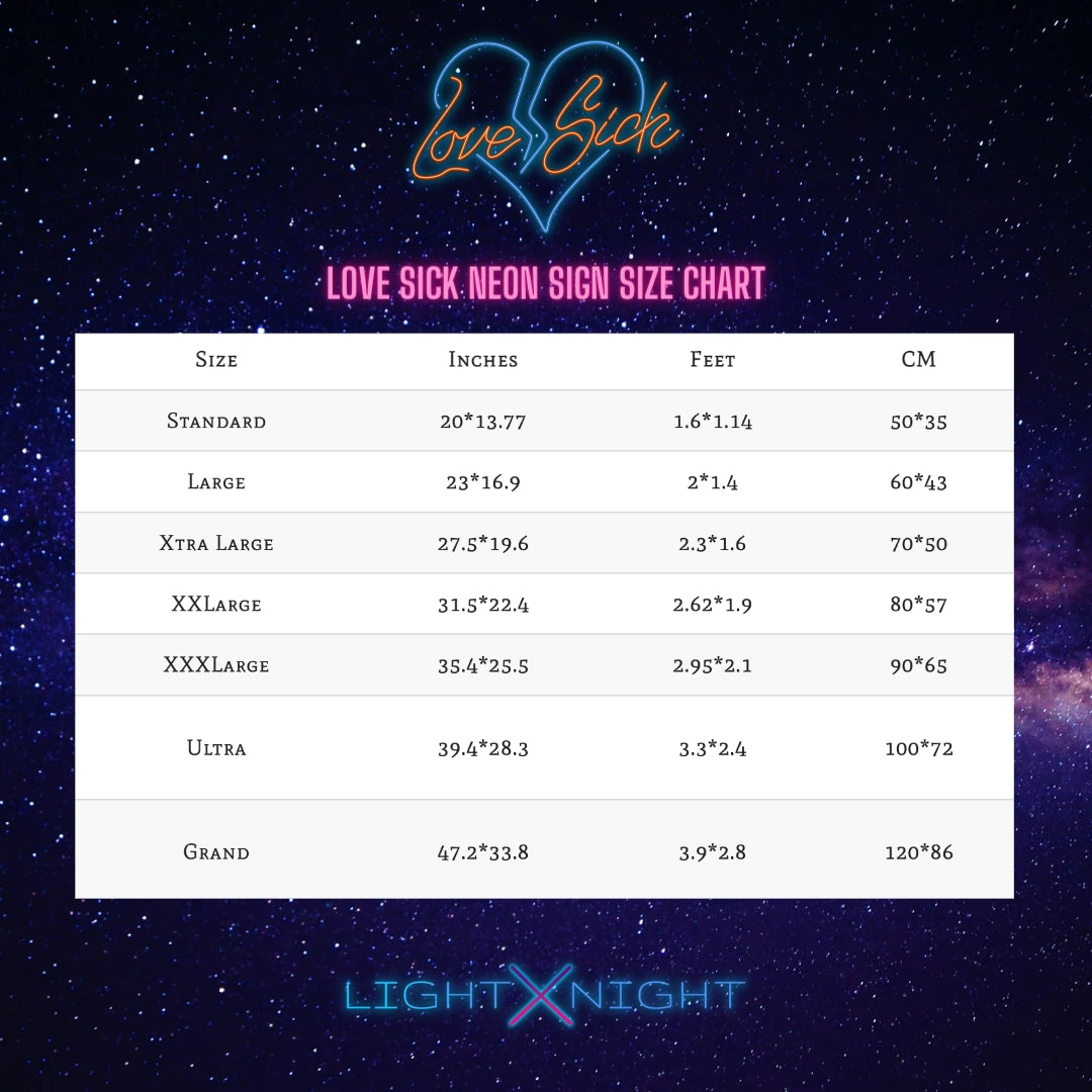 DOn Toliver Love Sick Neon Sign Size Chart